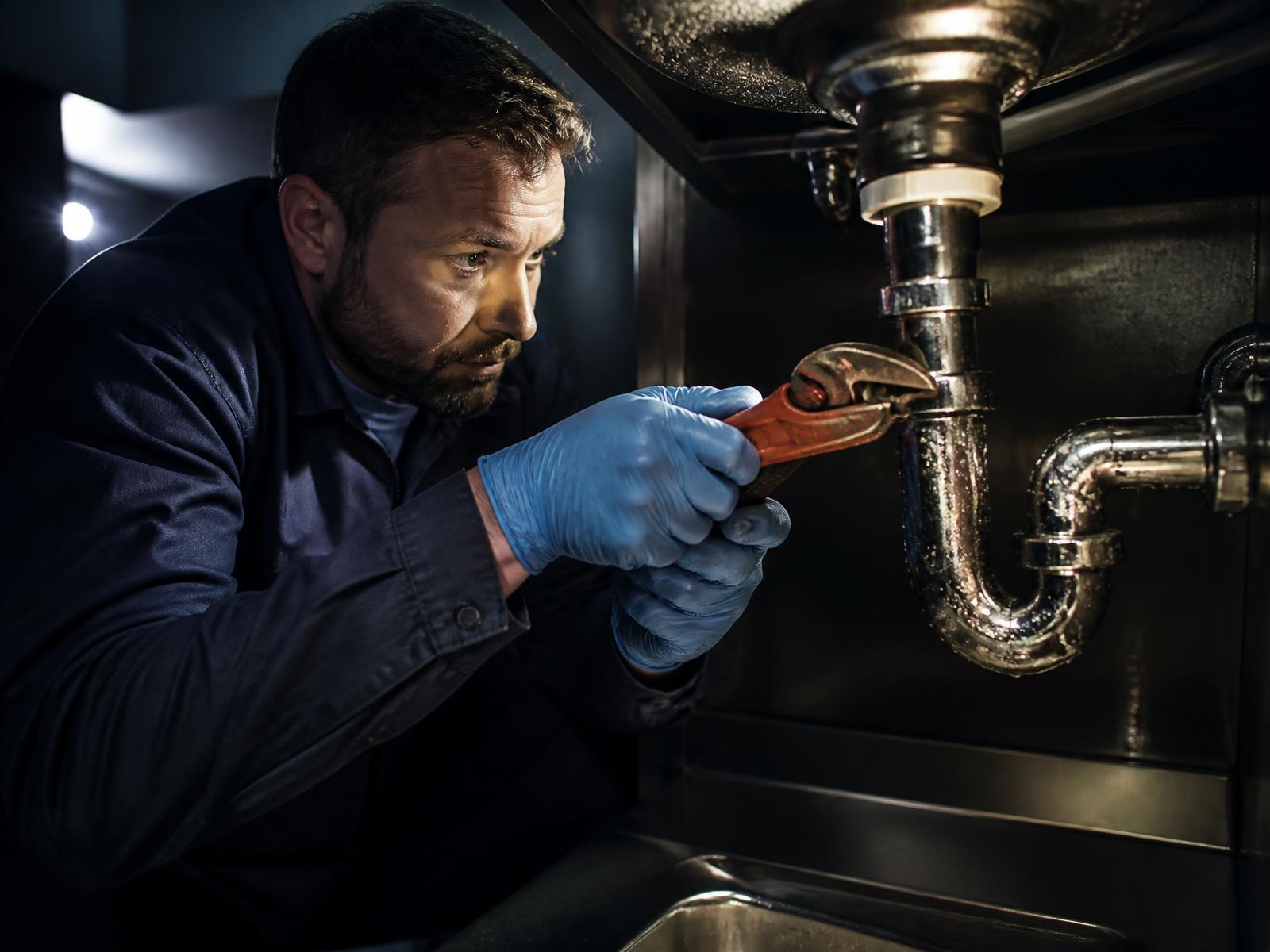 ProServe engineer tightening a pipe under a kitchen sink