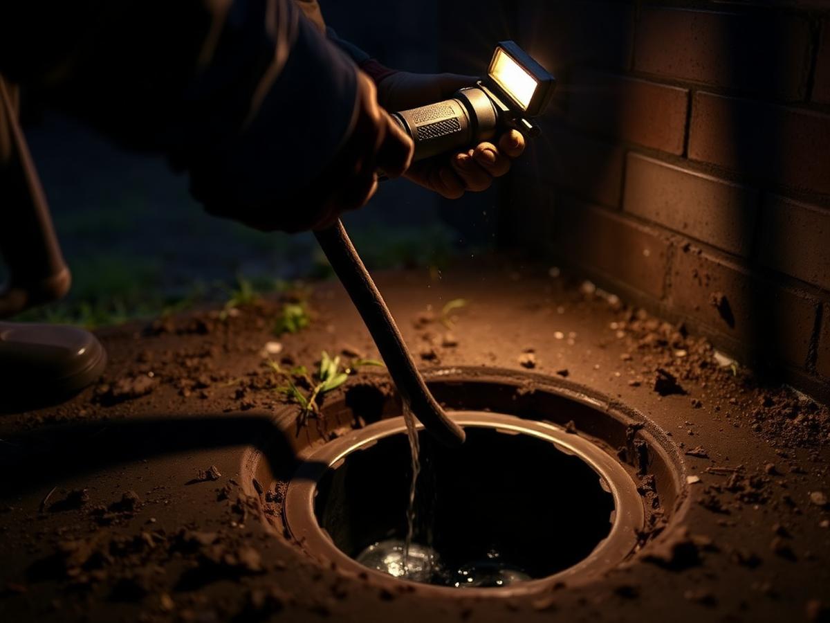 Engineer clearing a blocked outside drain at night
